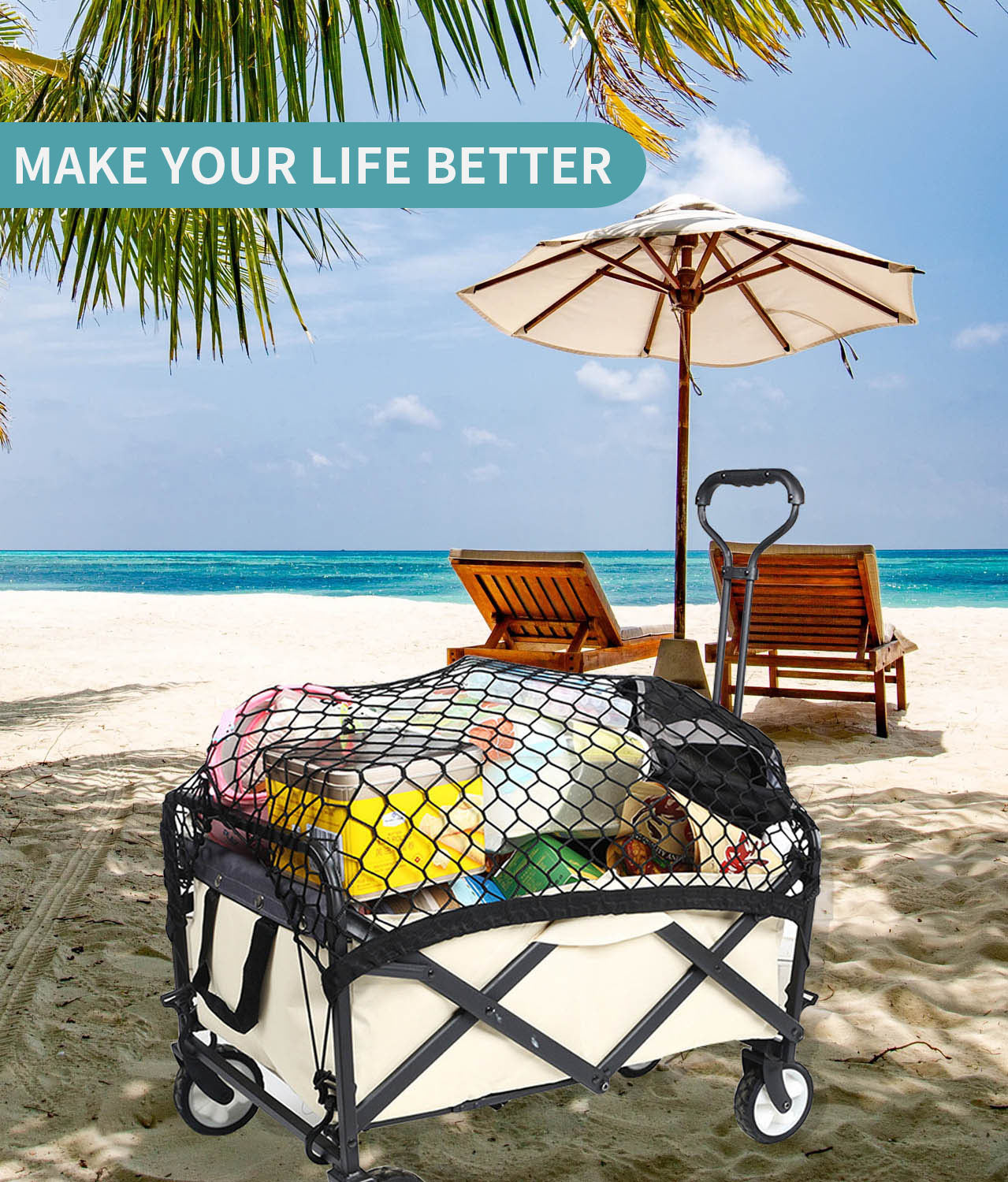 HOMDIS Wagon Cover Cargo Net for Beach Wagon, Beach Cart, Foldable Wagon, Collapsible Wagon, Garden Cart and All Terrain Wagons, Durable & Extendable Nylon Net, Portable Storage Bag Included, 38 X 32”