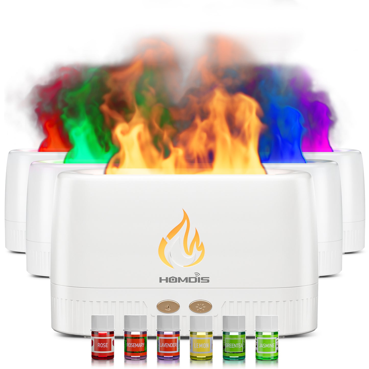 HOMDIS FD200 Essential Oil Diffusers & 6 Essential Oils Set, Quiet Flame Diffuser, 7 Colors Modes Changed Light Flame Humidifer, Auto Shut Off Aromatherapy Diffuser