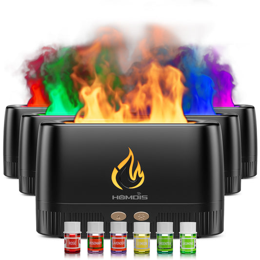 HOMDIS FD200 Essential Oil Diffusers & 6 Essential Oils Set, Quiet Flame Diffuser, 7 Colors Modes Changed Light Flame Humidifer, Auto Shut Off Aromatherapy Diffuser